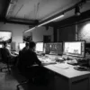 Black-and-white image of a coworking tech office with several people at desks, each with multiple large computer monitors.