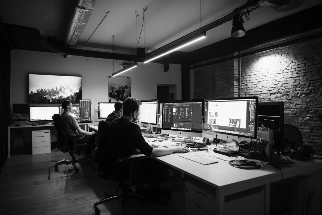 Black-and-white image of a coworking tech office with several people at desks, each with multiple large computer monitors.