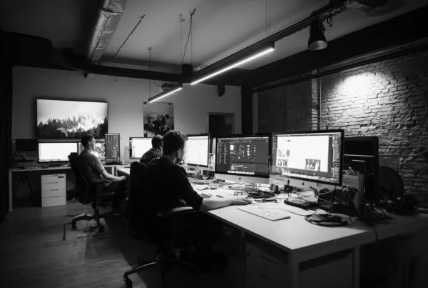 Black-and-white image of a coworking tech office with several people at desks, each with multiple large computer monitors.